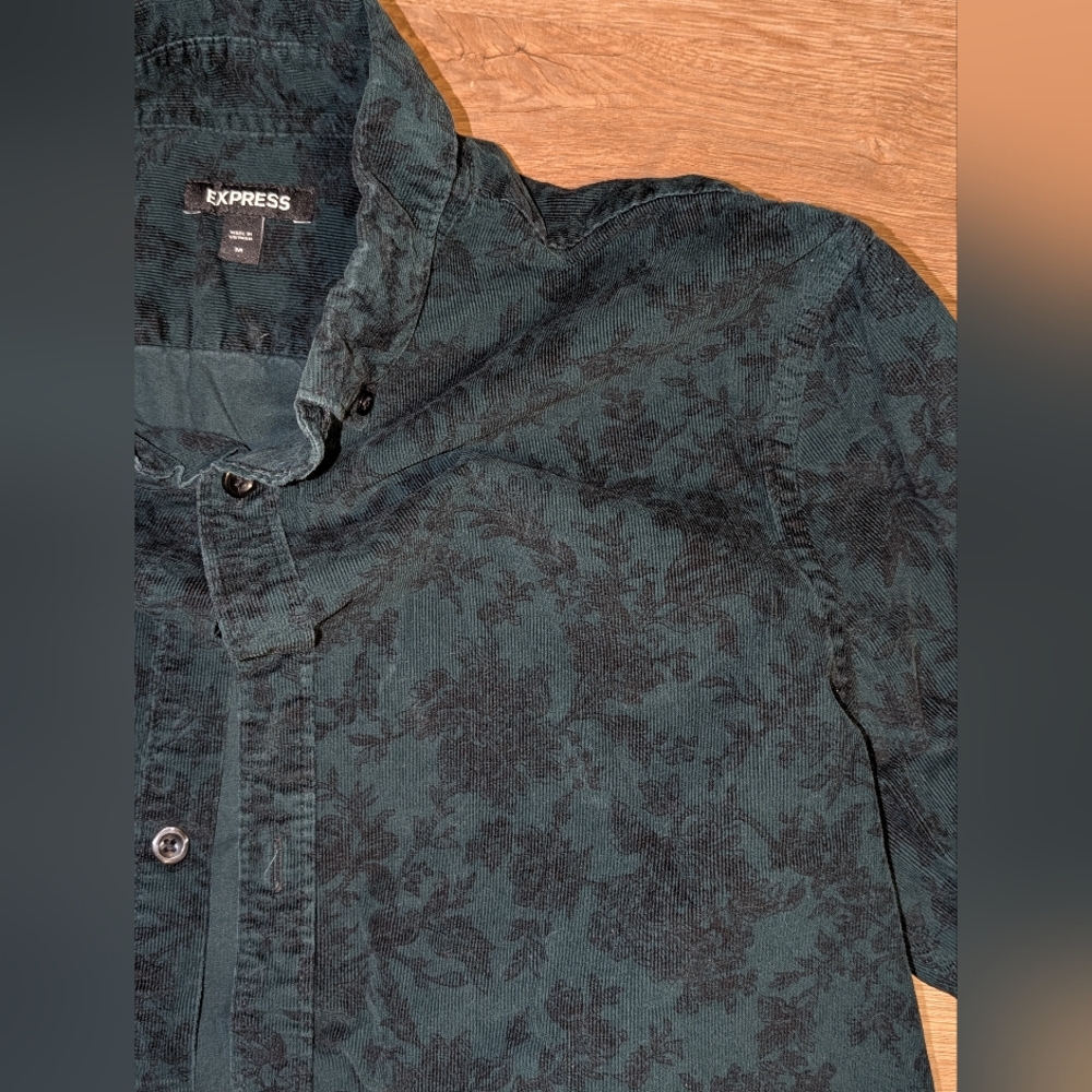 Express men's green slim fit print Long sleeve casual cotton Button-up - Picture 3 of 3